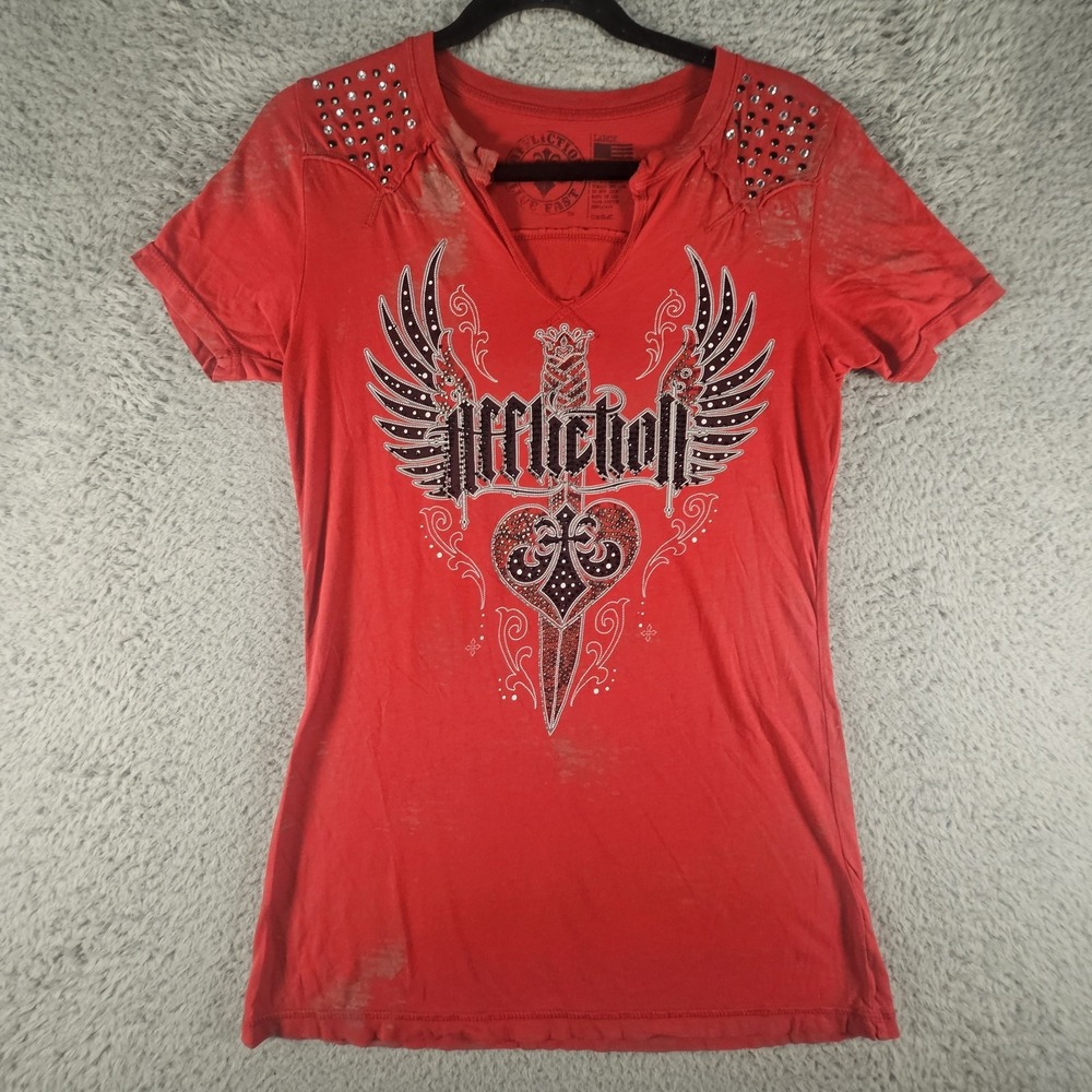Affliction Top‎ Womens L Red Rhinestones Punk Rock Sword Distressed Edgy Grunge
